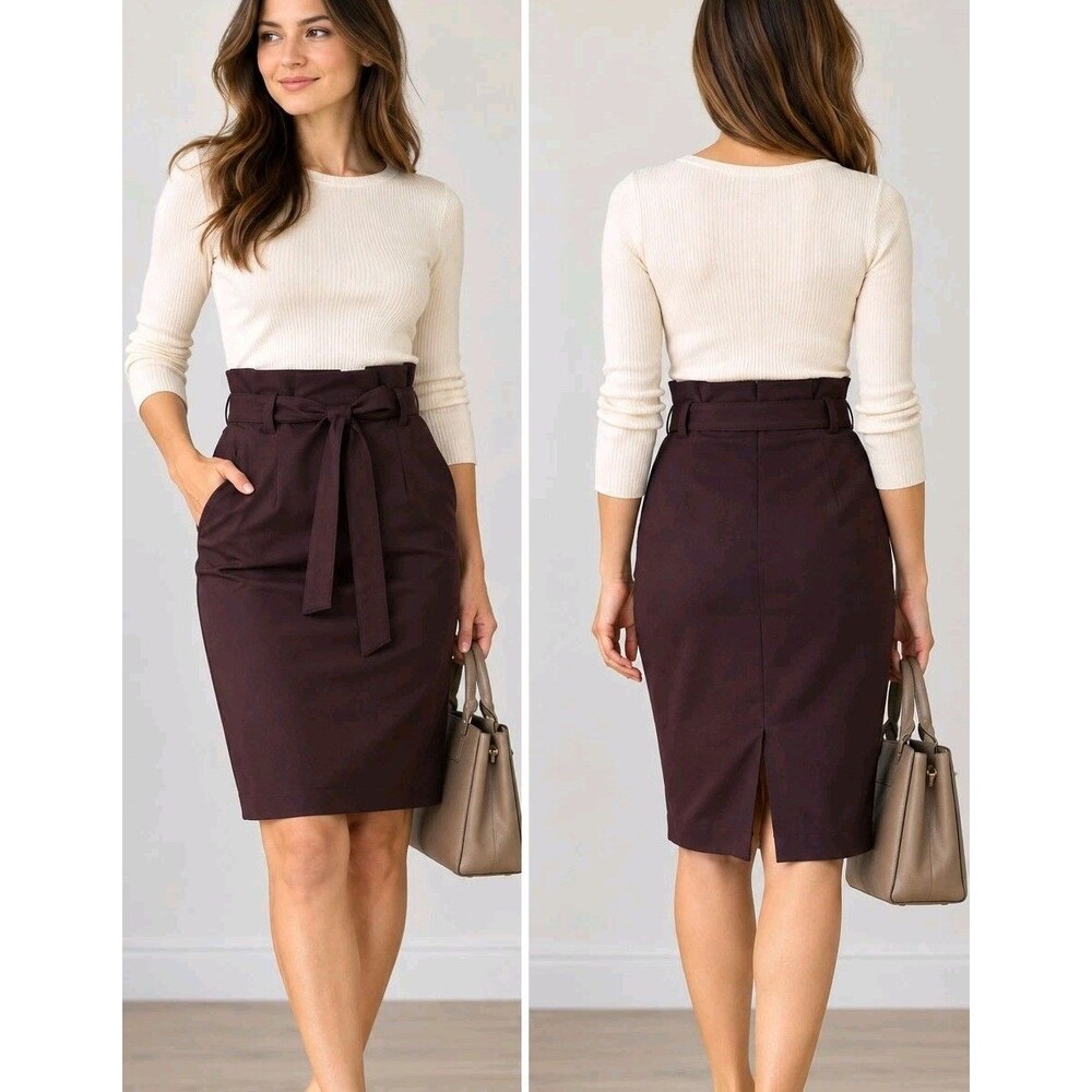 Banana Republic Burgundy Pencil Skirt 0 Paperbag Waist Tie Belt Office Workwear